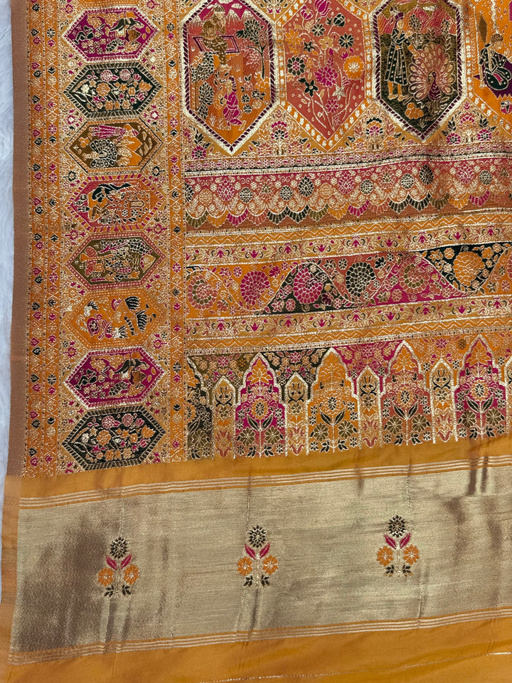 Royal  Pashmina Saree with Traditional Narrative Motifs &amp; Designer Meenakari Border-YELLOW
