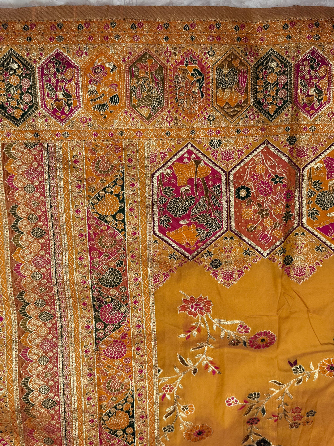 Royal  Pashmina Saree with Traditional Narrative Motifs &amp; Designer Meenakari Border-YELLOW