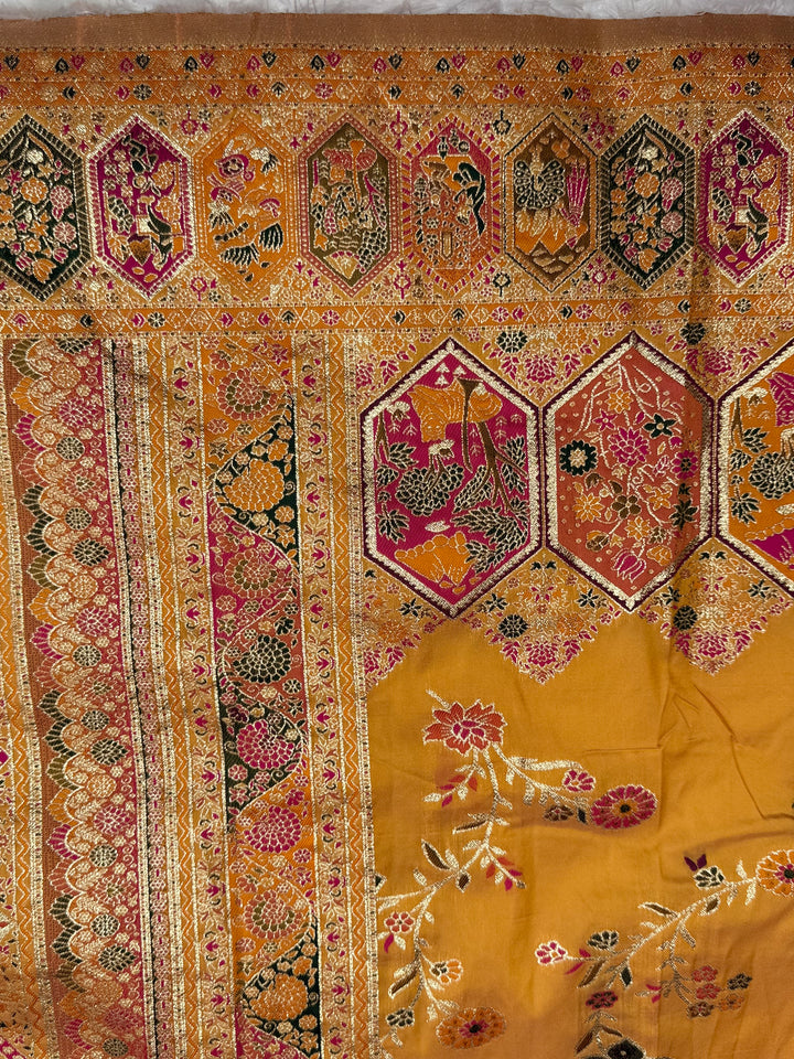 Royal  Pashmina Saree with Traditional Narrative Motifs &amp; Designer Meenakari Border-YELLOW