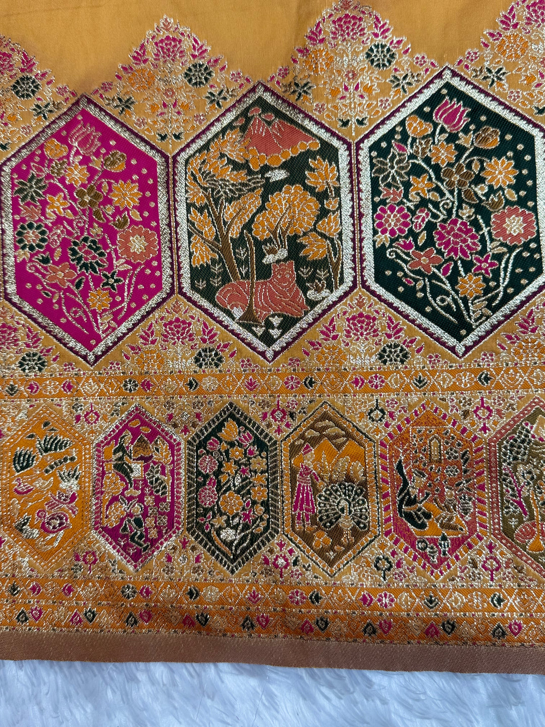 Royal  Pashmina Saree with Traditional Narrative Motifs &amp; Designer Meenakari Border-YELLOW
