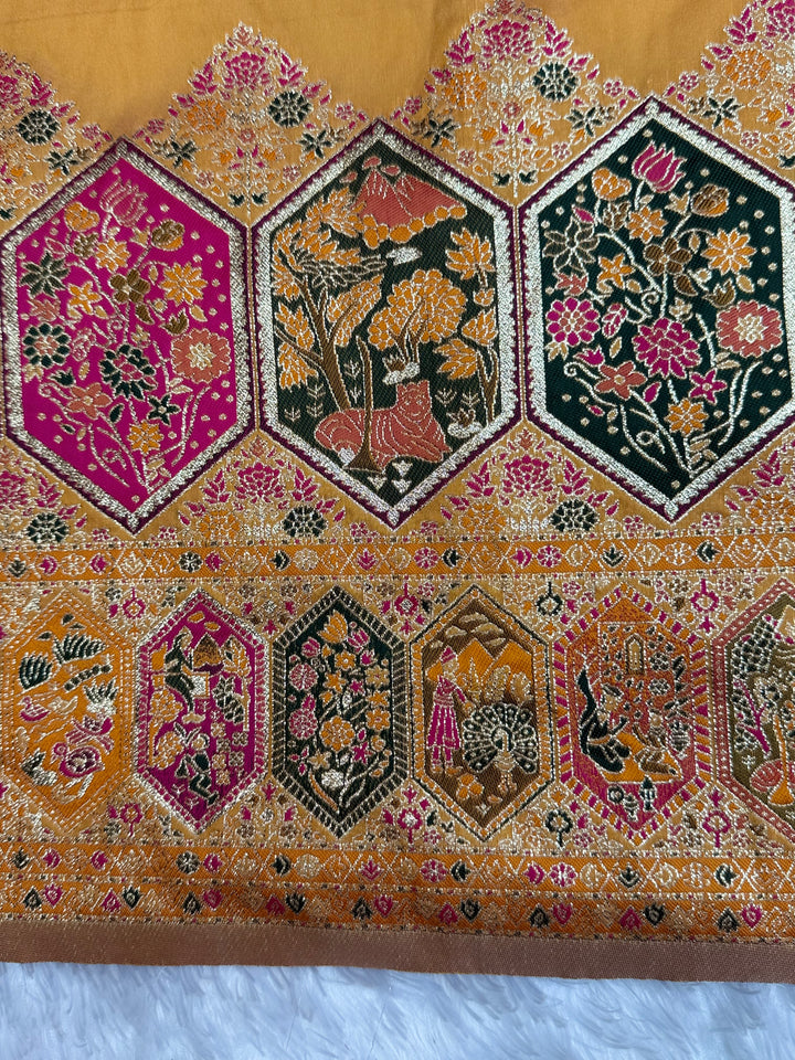 Royal  Pashmina Saree with Traditional Narrative Motifs &amp; Designer Meenakari Border-YELLOW