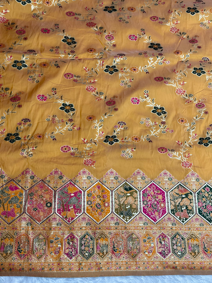 Royal  Pashmina Saree with Traditional Narrative Motifs &amp; Designer Meenakari Border-YELLOW