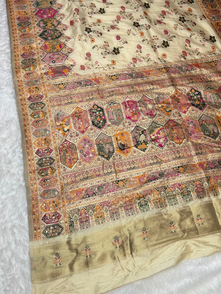 Royal  Pashmina Saree with Traditional Narrative Motifs &amp; Designer Meenakari Border-OFF WHITE