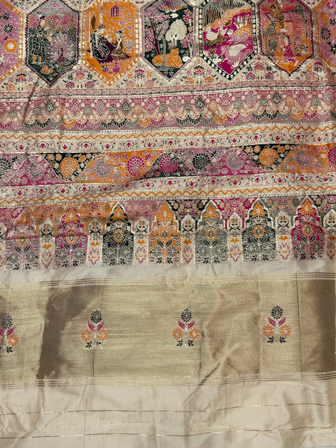 Royal  Pashmina Saree with Traditional Narrative Motifs &amp; Designer Meenakari Border-OFF WHITE
