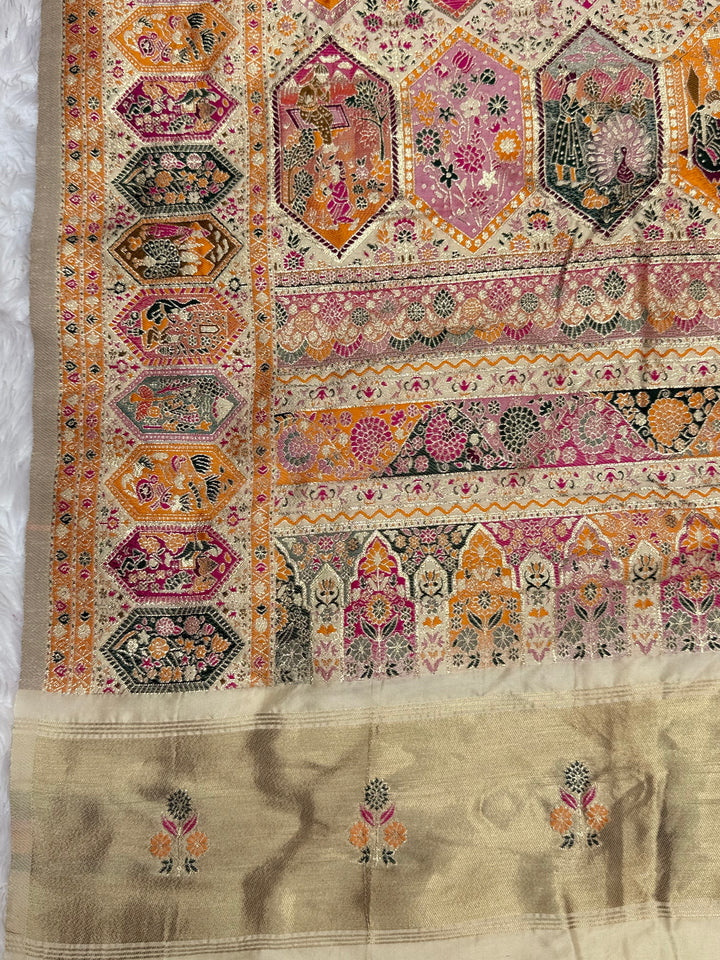 Royal  Pashmina Saree with Traditional Narrative Motifs &amp; Designer Meenakari Border-OFF WHITE