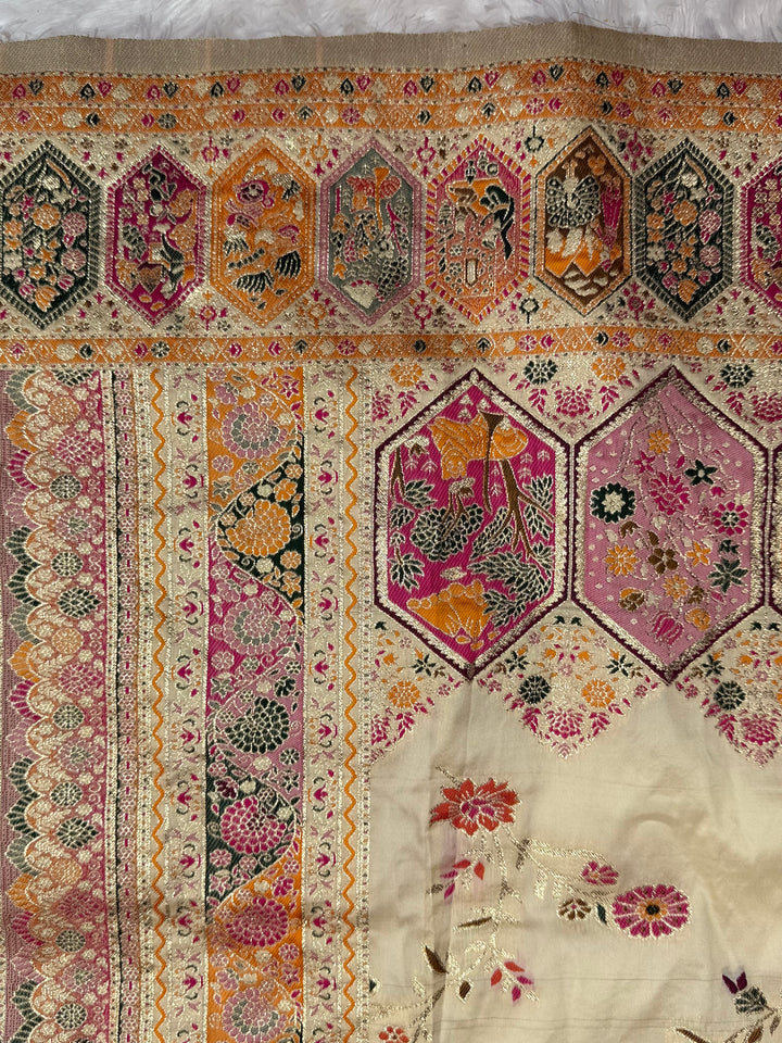 Royal  Pashmina Saree with Traditional Narrative Motifs &amp; Designer Meenakari Border-OFF WHITE