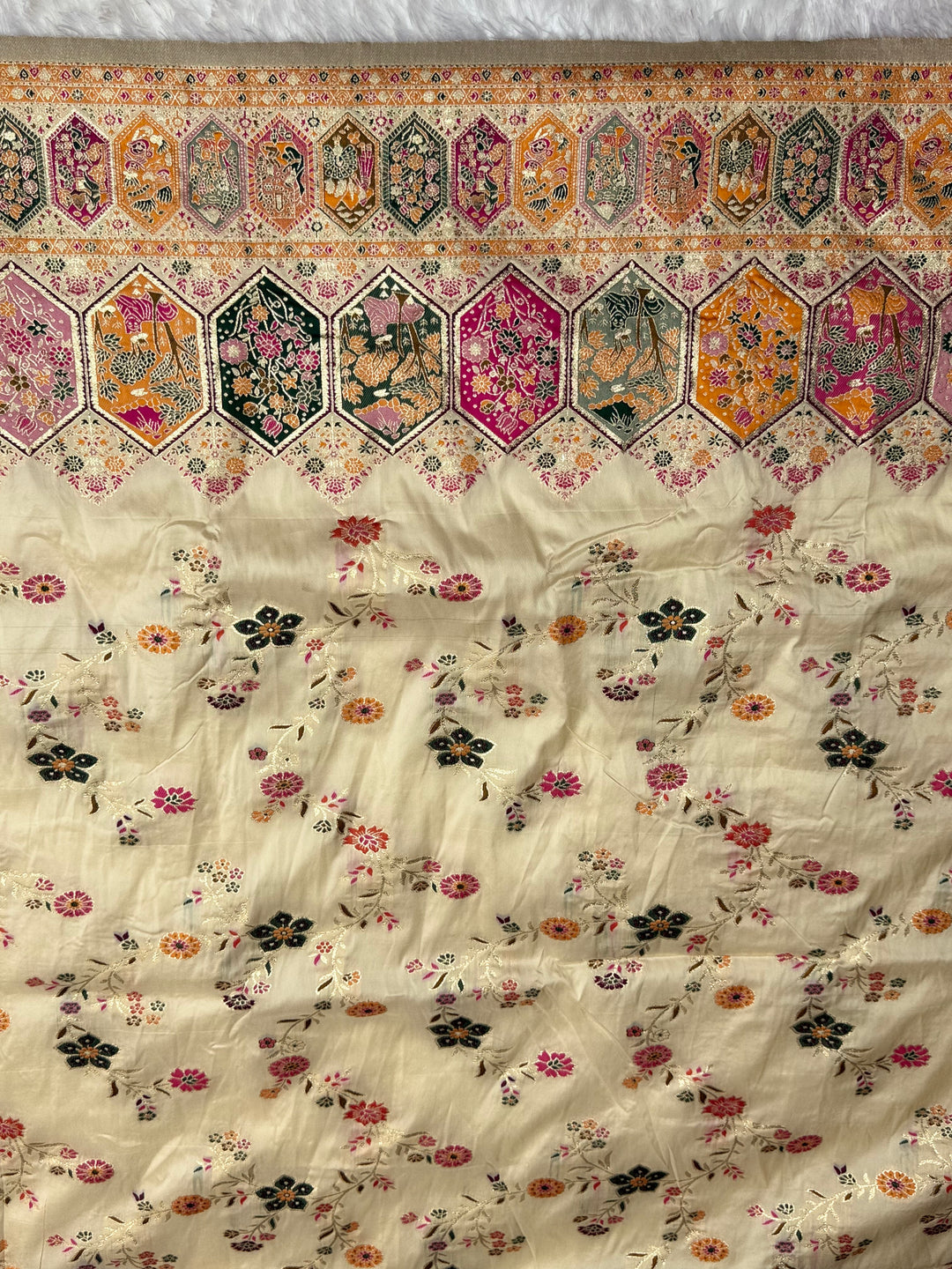 Royal  Pashmina Saree with Traditional Narrative Motifs &amp; Designer Meenakari Border-OFF WHITE