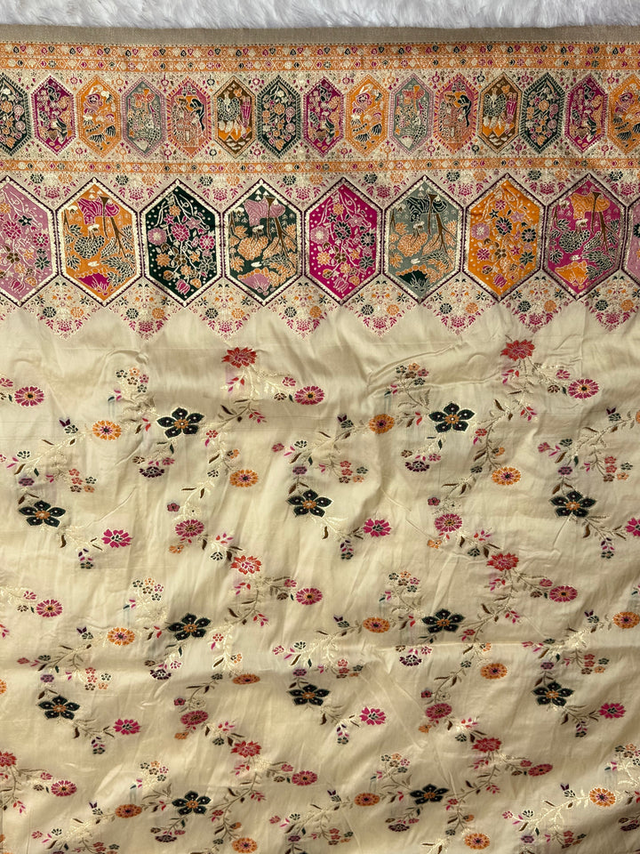 Royal  Pashmina Saree with Traditional Narrative Motifs &amp; Designer Meenakari Border-OFF WHITE