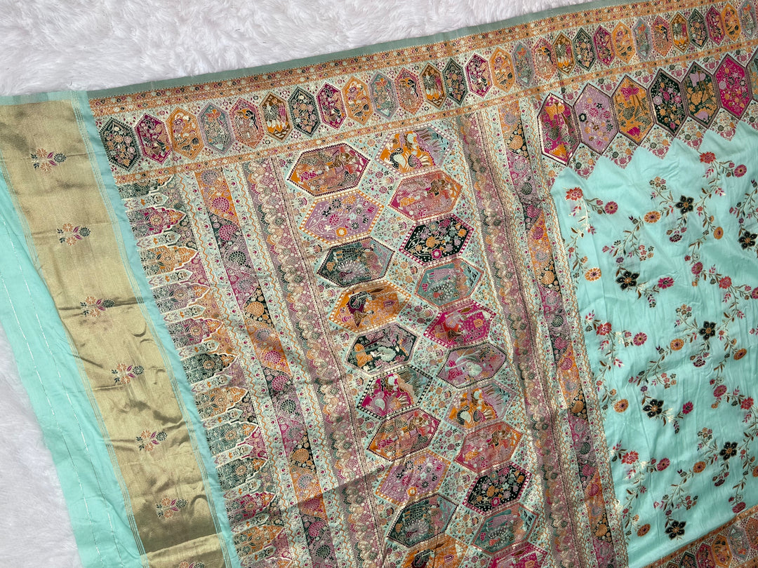 Royal  Pashmina Saree with Traditional Narrative Motifs &amp; Designer Meenakari Border-SKY BLUE