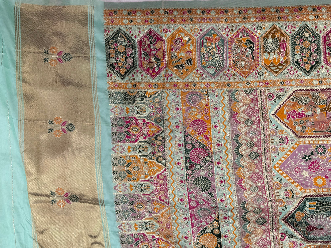 Royal  Pashmina Saree with Traditional Narrative Motifs &amp; Designer Meenakari Border-SKY BLUE