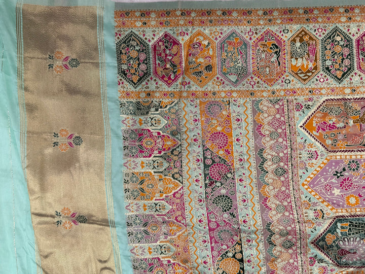 Royal  Pashmina Saree with Traditional Narrative Motifs &amp; Designer Meenakari Border-SKY BLUE