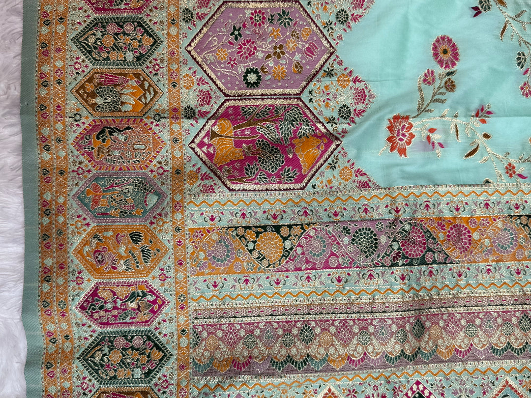 Royal  Pashmina Saree with Traditional Narrative Motifs &amp; Designer Meenakari Border-SKY BLUE