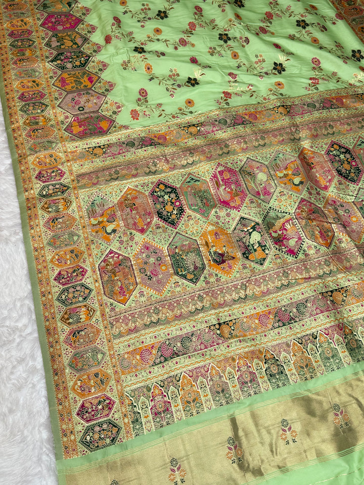 Royal  Pashmina Saree with Traditional Narrative Motifs &amp; Designer Meenakari Border-PISTA