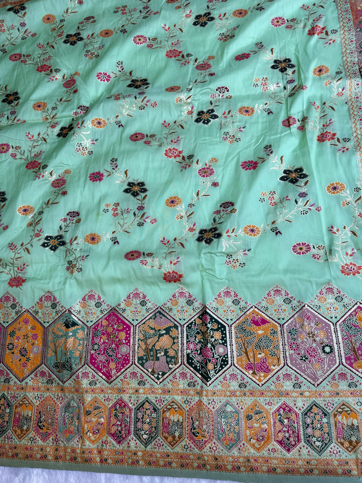 Royal  Pashmina Saree with Traditional Narrative Motifs &amp; Designer Meenakari Border-SKY BLUE
