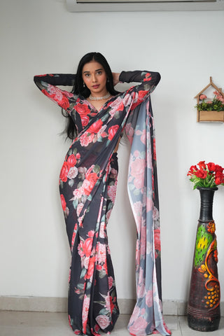 Luminous 1-Minute Ready To Wear Black Georgette Saree