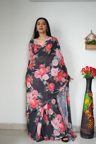 Luminous 1-Minute Ready To Wear Black Georgette Saree