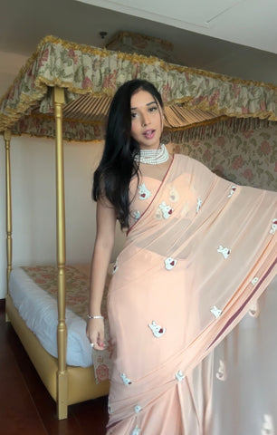 Cream Colour 1-Min Georgette Ready To Wear Saree With Blouse Piece