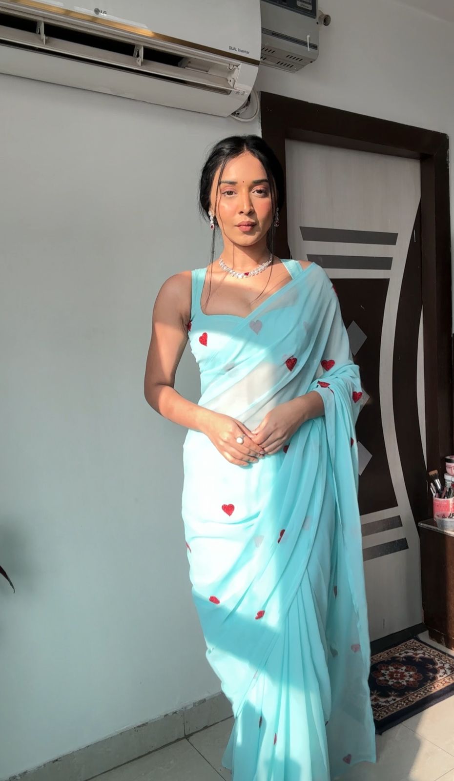 Enamoring 1-Minute Ready To Wear Sky Georgette Saree