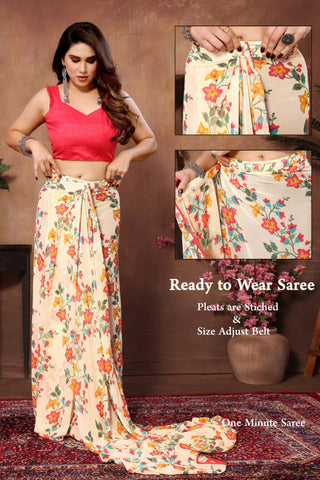 Enamoring 1-Minute Ready To Wear Beige Georgette Saree