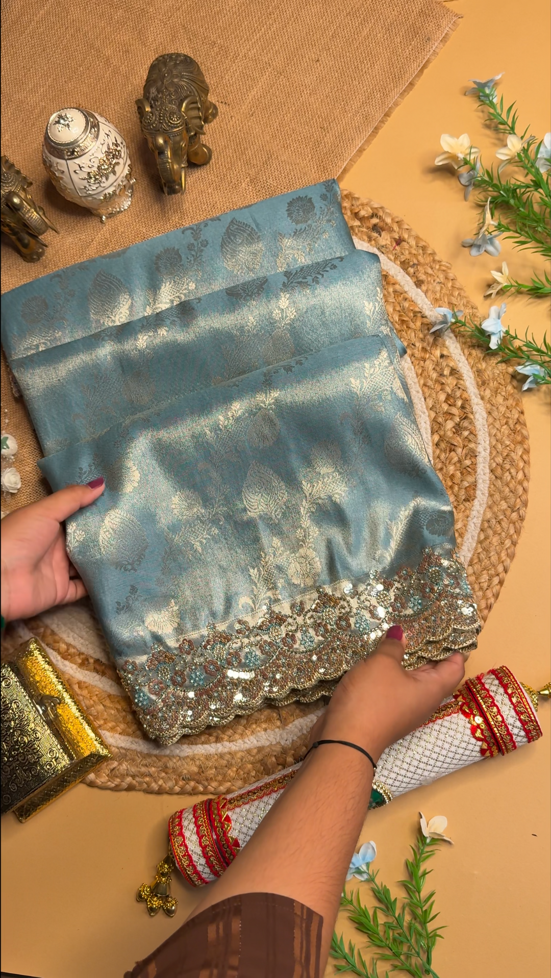 Premium Banarasi Tissue Silk Saree with Heavy Sequence Satari Work- SKY BLUE