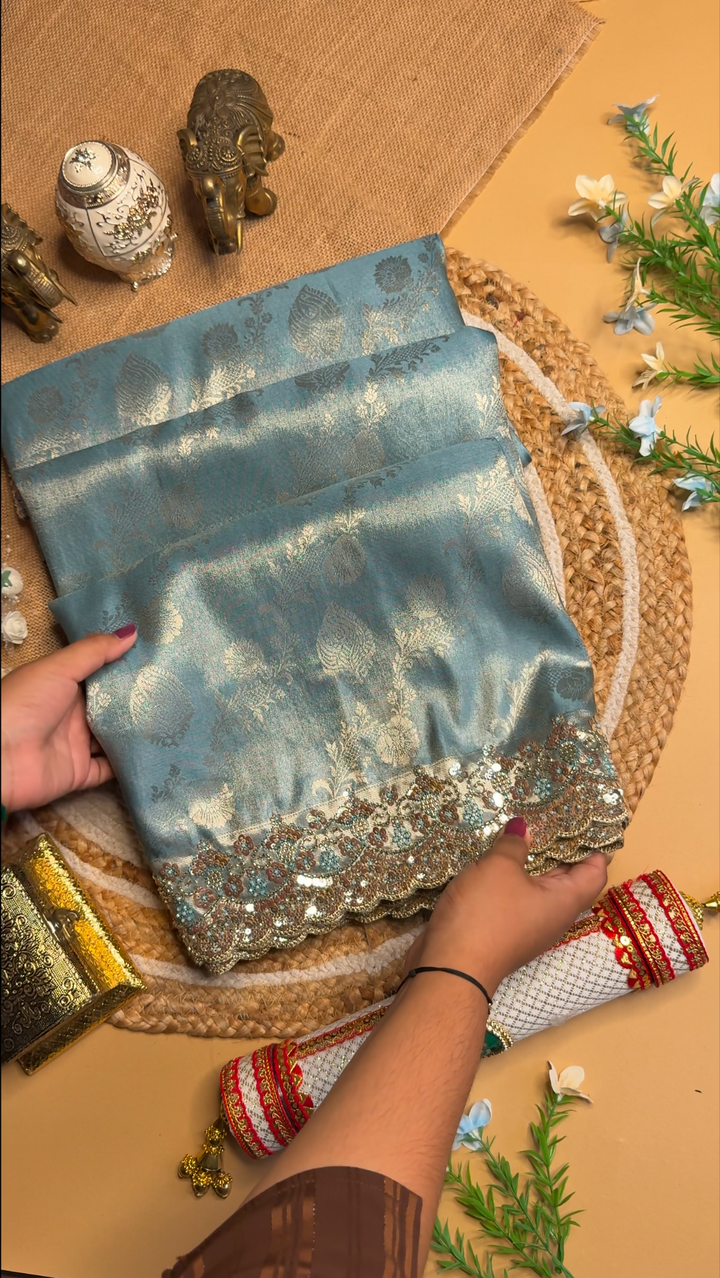 Premium Banarasi Tissue Silk Saree with Heavy Sequence Satari Work- SKY BLUE