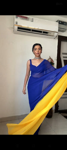 Blue and Yellow Colour 1-Min Georgette Ready To Wear Saree With Blouse Piece