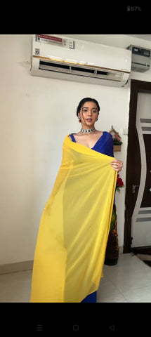 Blue and Yellow Colour 1-Min Georgette Ready To Wear Saree With Blouse Piece