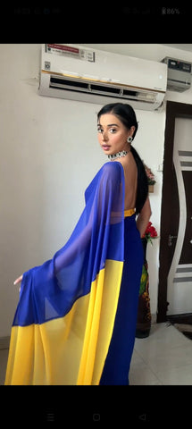 Blue and Yellow Colour 1-Min Georgette Ready To Wear Saree With Blouse Piece