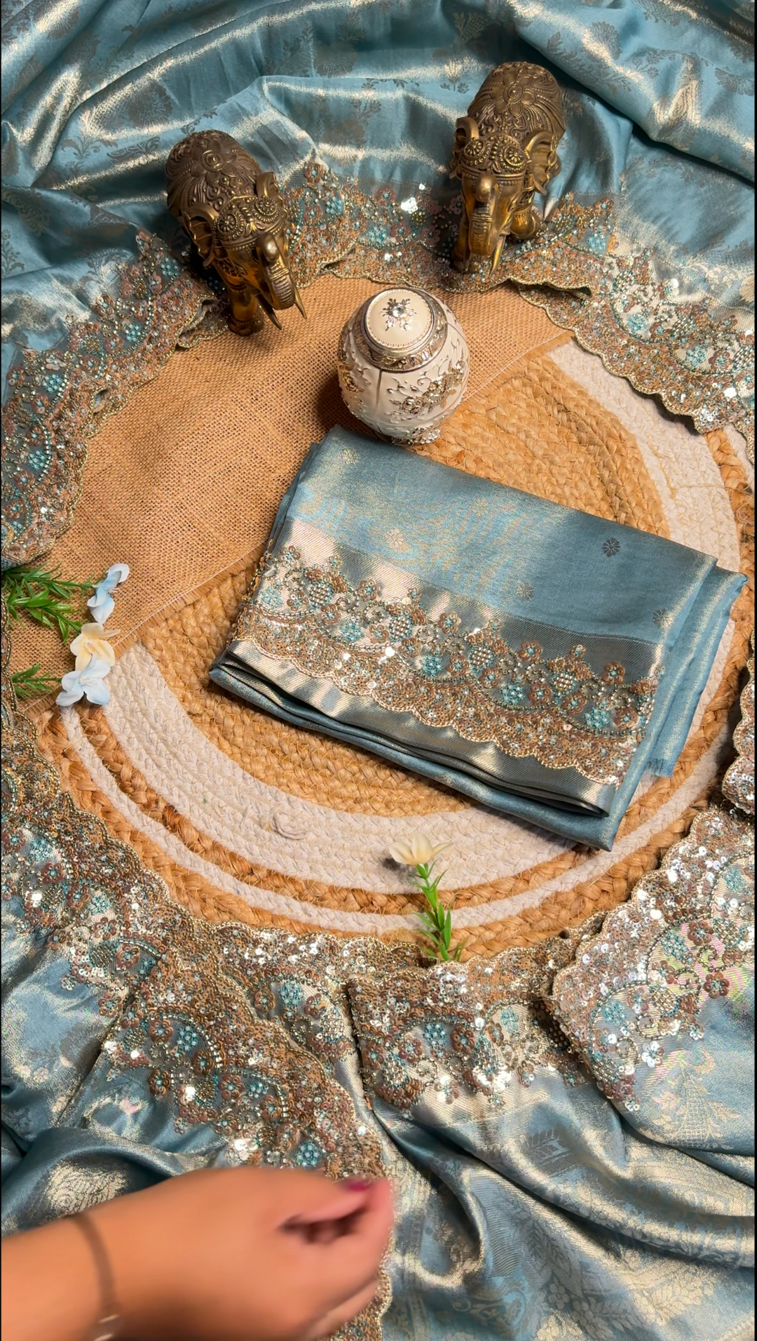 Premium Banarasi Tissue Silk Saree with Heavy Sequence Satari Work- SKY BLUE