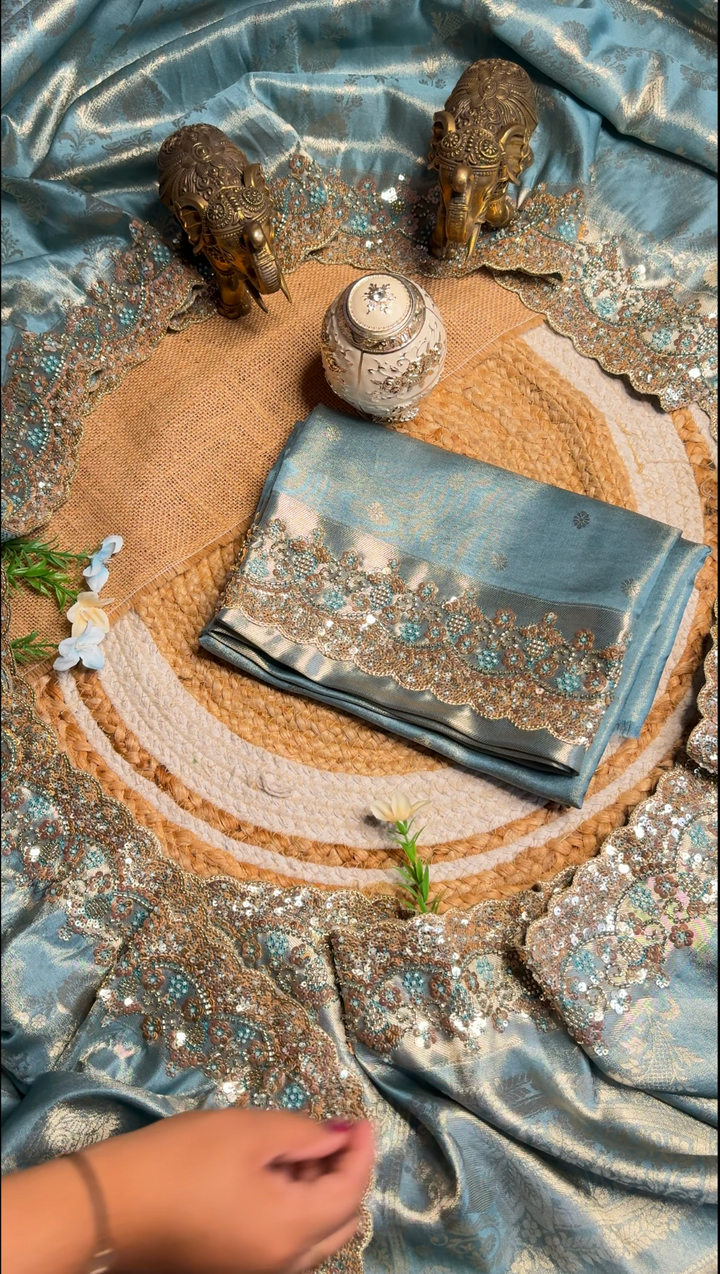 Premium Banarasi Tissue Silk Saree with Heavy Sequence Satari Work- SKY BLUE