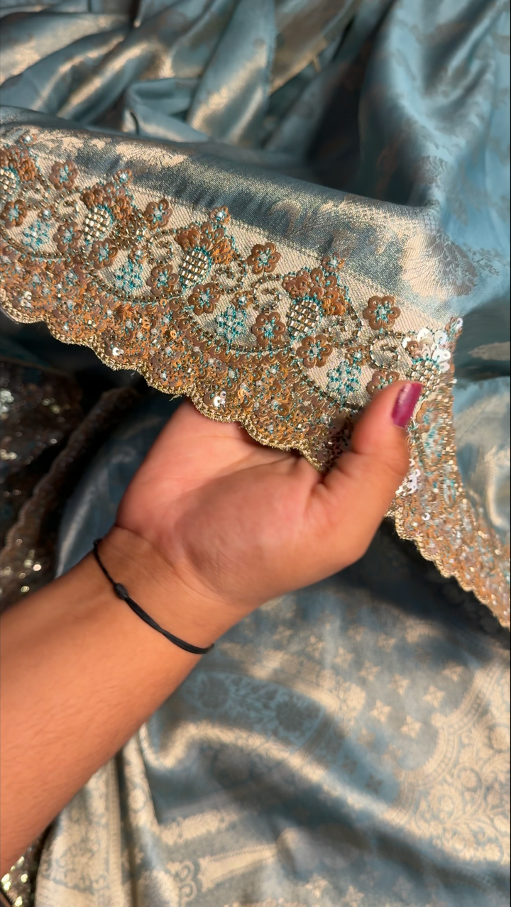 Premium Banarasi Tissue Silk Saree with Heavy Sequence Satari Work- SKY BLUE
