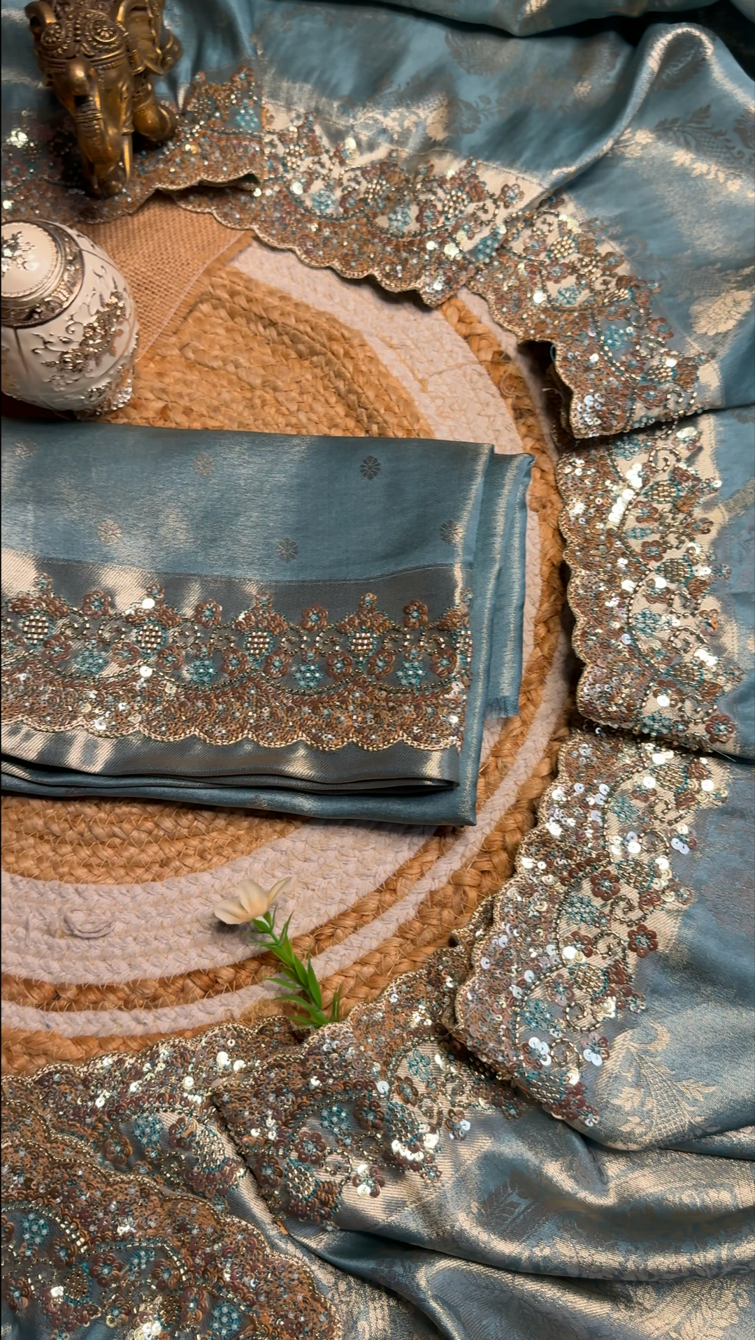 Premium Banarasi Tissue Silk Saree with Heavy Sequence Satari Work- SKY BLUE