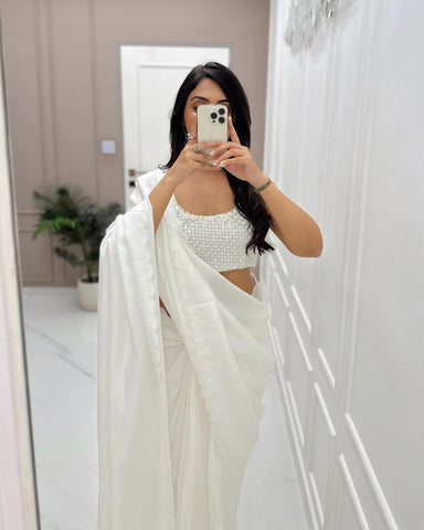 Desuetude 1-Minute Ready To Wear White Georgette Saree