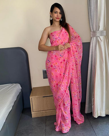 Flattering 1-Minute Ready To Wear Pink Georgette Saree