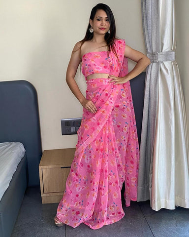 Flattering 1-Minute Ready To Wear Pink Georgette Saree