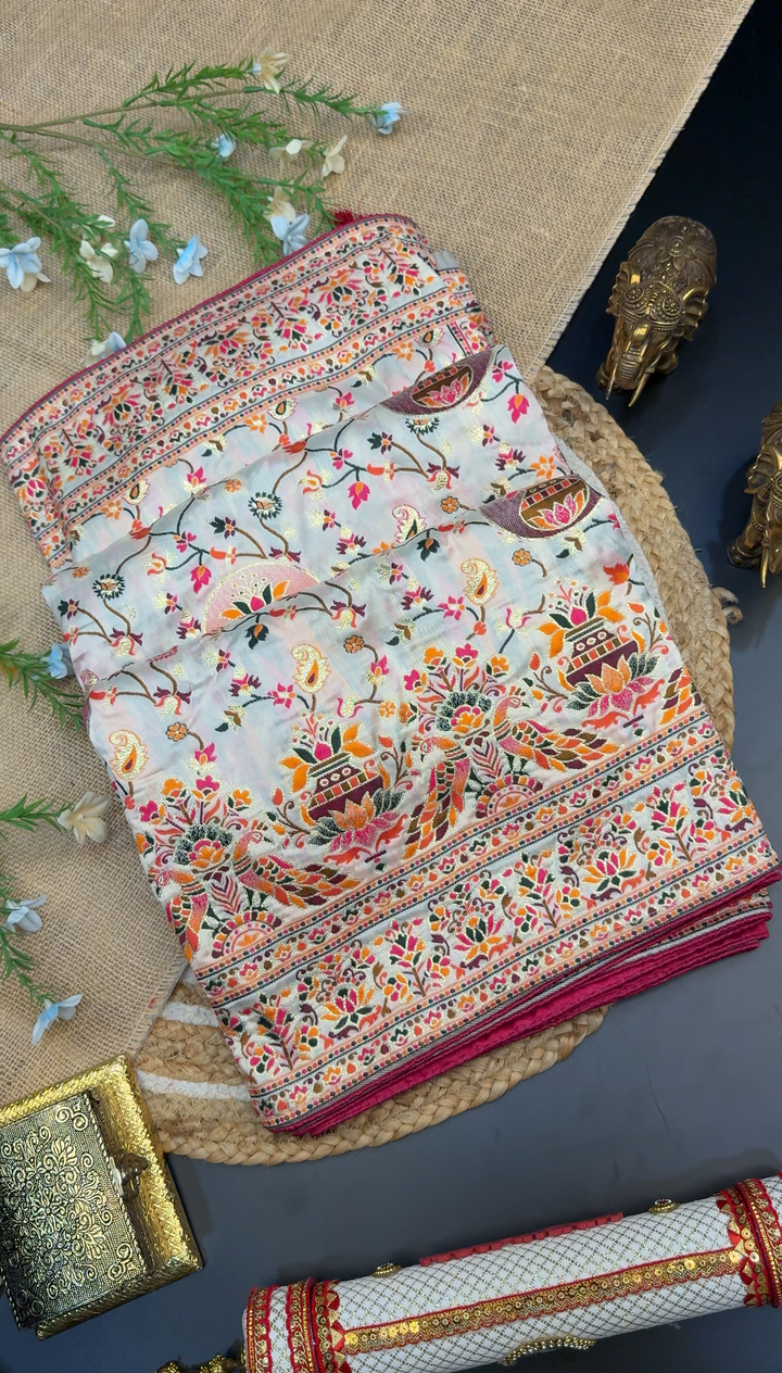 Graceful Multicolor Pashmina Saree with Intricate Ethnic Floral Patterns