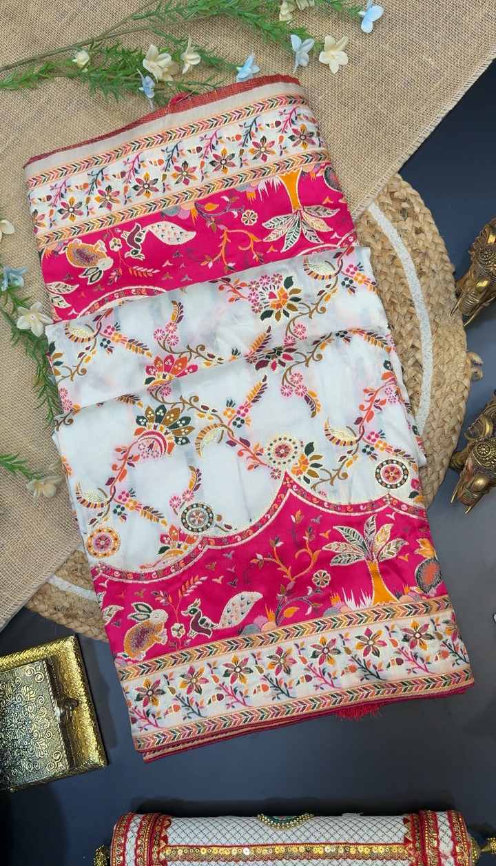 Festive Pashmina Saree with Rich Magenta Design &amp; Multicolor Floral Border