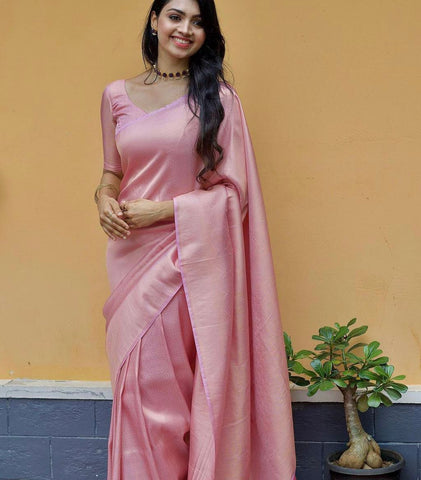 Baby Pink Colour Kanjivaram Woven Silk Saree With Blouse Piece