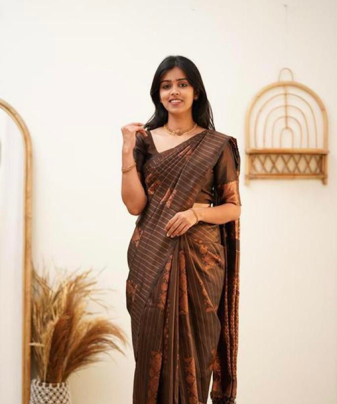 Wedding Wear Kanjivaram Woven Brown Silk Saree With Blouse Piece