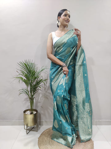 Aqua Green Colour 1-Min Jacquard Ready To Wear Saree With Blouse Piece