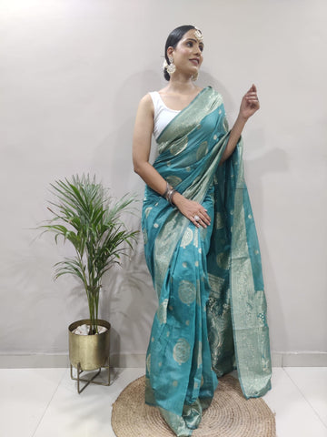 Aqua Green Colour 1-Min Jacquard Ready To Wear Saree With Blouse Piece