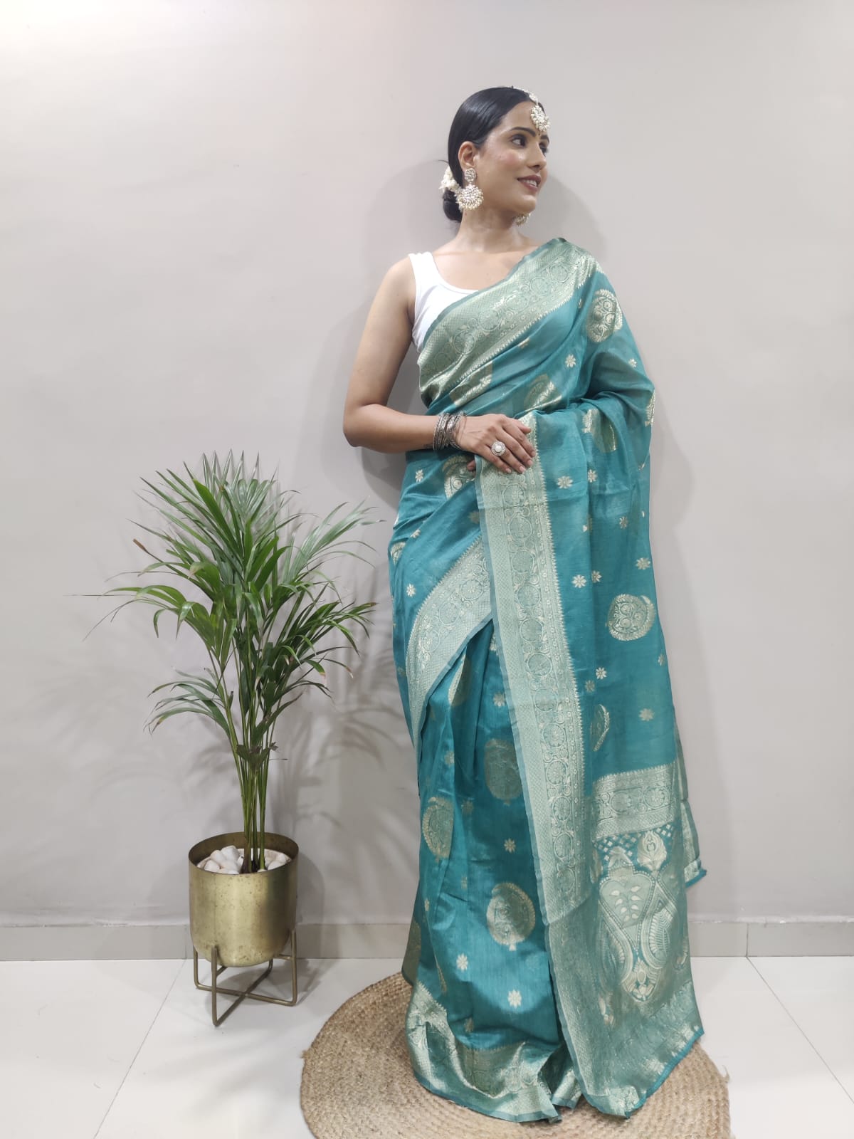 Aqua Green Colour 1-Min Jacquard Ready To Wear Saree With Blouse Piece