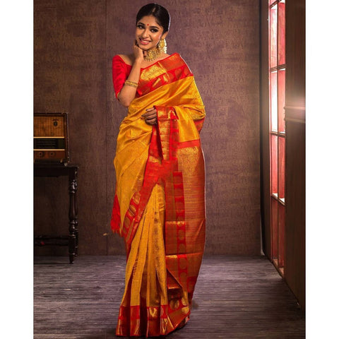 Yellow and Red Colour Kanjivaram Woven Silk Saree With Blouse Piece