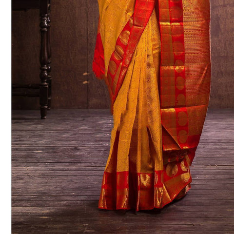 Yellow and Red Colour Kanjivaram Woven Silk Saree With Blouse Piece