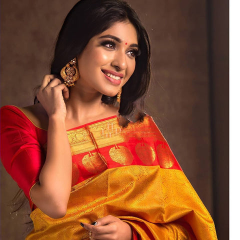 Yellow and Red Colour Kanjivaram Woven Silk Saree With Blouse Piece