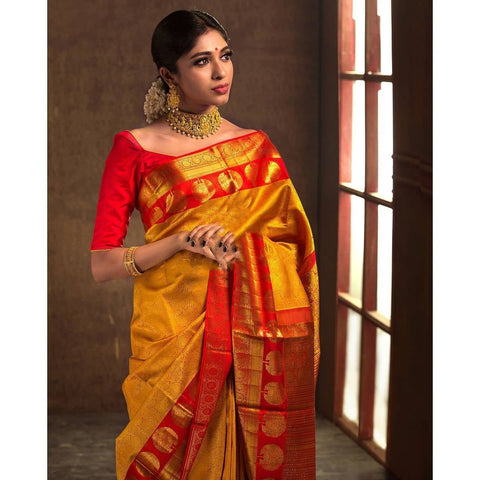 Yellow and Red Colour Kanjivaram Woven Silk Saree With Blouse Piece