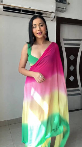 Pink and Green Colour 1-Min Georgette Ready To Wear Saree With Blouse Piece