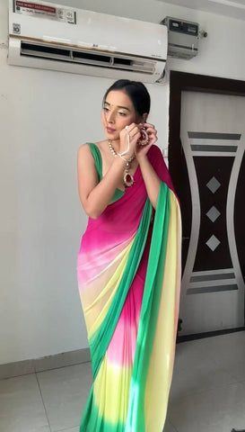 Pink and Green Colour 1-Min Georgette Ready To Wear Saree With Blouse Piece