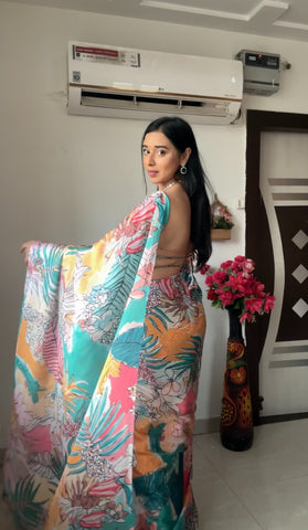 Sky Colour 1-Min Georgette Ready To Wear Saree With Blouse Piece