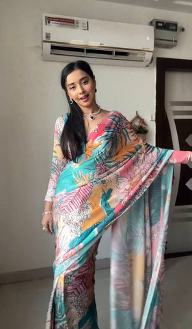 Sky Colour 1-Min Georgette Ready To Wear Saree With Blouse Piece